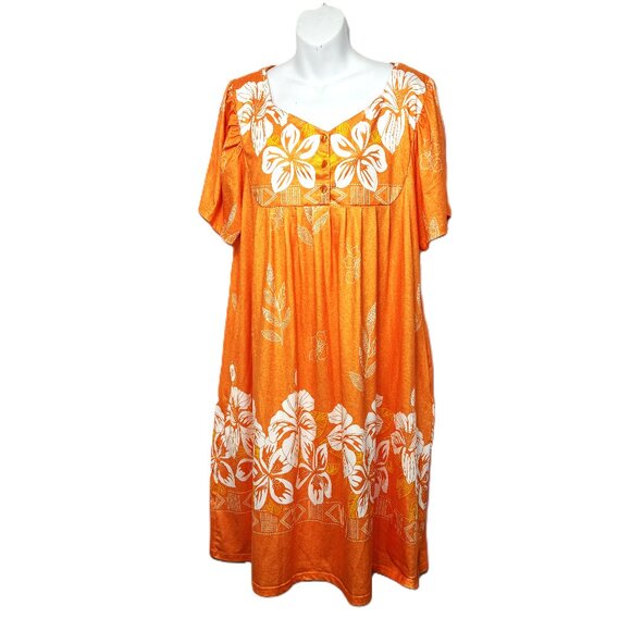 Hawaiian Style Orange Floral MuMu Dress Robe UDFORSK  XL EUC - Picture 1 of 8
